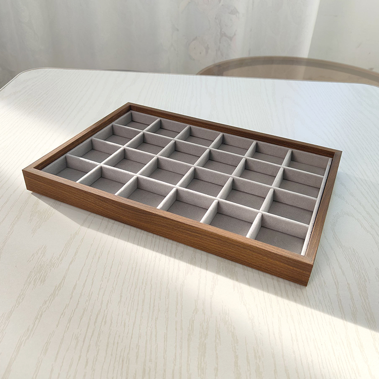 超大号胡桃木纹灰色绒布24格珠宝小饰展示盘摆摊首饰盒耳钉戒指盘
