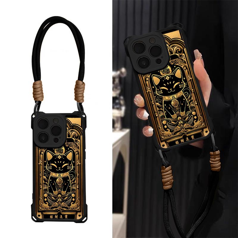 凝财聚富猫四角防摔挂绳适用苹果17promax手机挂绳壳iPhone16pro新款14/13/12男女11华为p70vivo小米15oppo套
