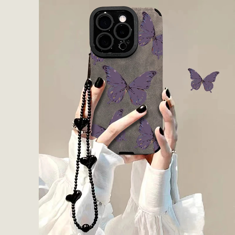 紫色蝴蝶爱心手链适用苹果17promax翻毛皮手机壳iPhone16pro秋冬新款13pro华为p70vivo小米15oppo12防摔11套