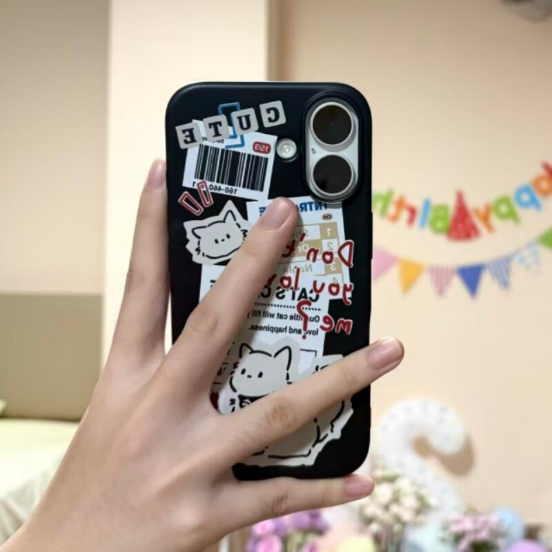 报纸线条小猫适用iPhone17pro苹果16promax手机壳16/15/14plus全包13/12/11华为P70vivo小米15oppo全包xr软套