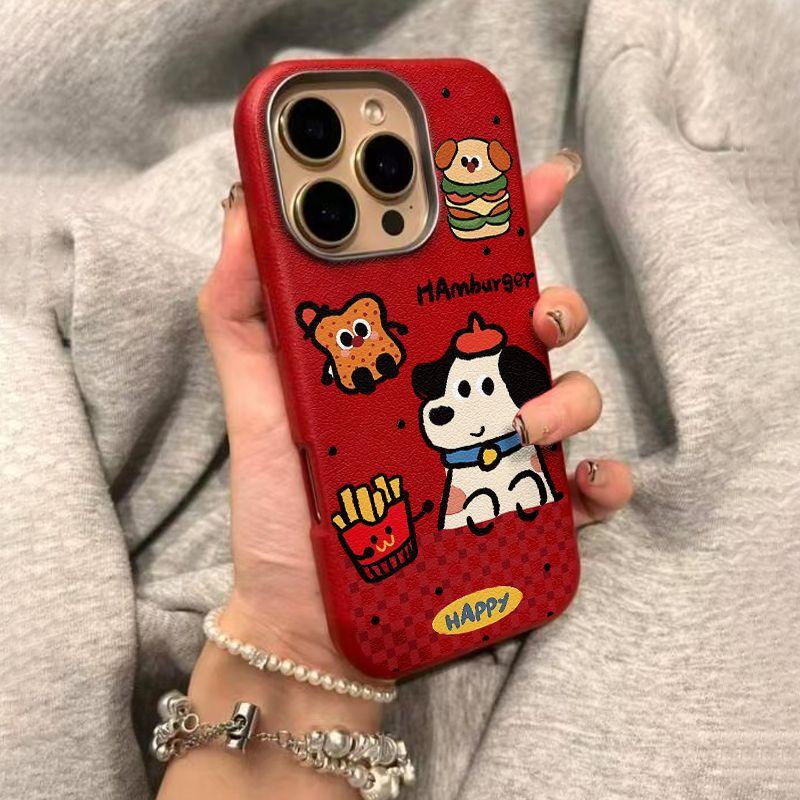 金属框皮纹汉堡围栏小狗适用苹果17promax手机壳iPhone16/15pro新款14plus全包13promax防摔12pro磨砂11防摔