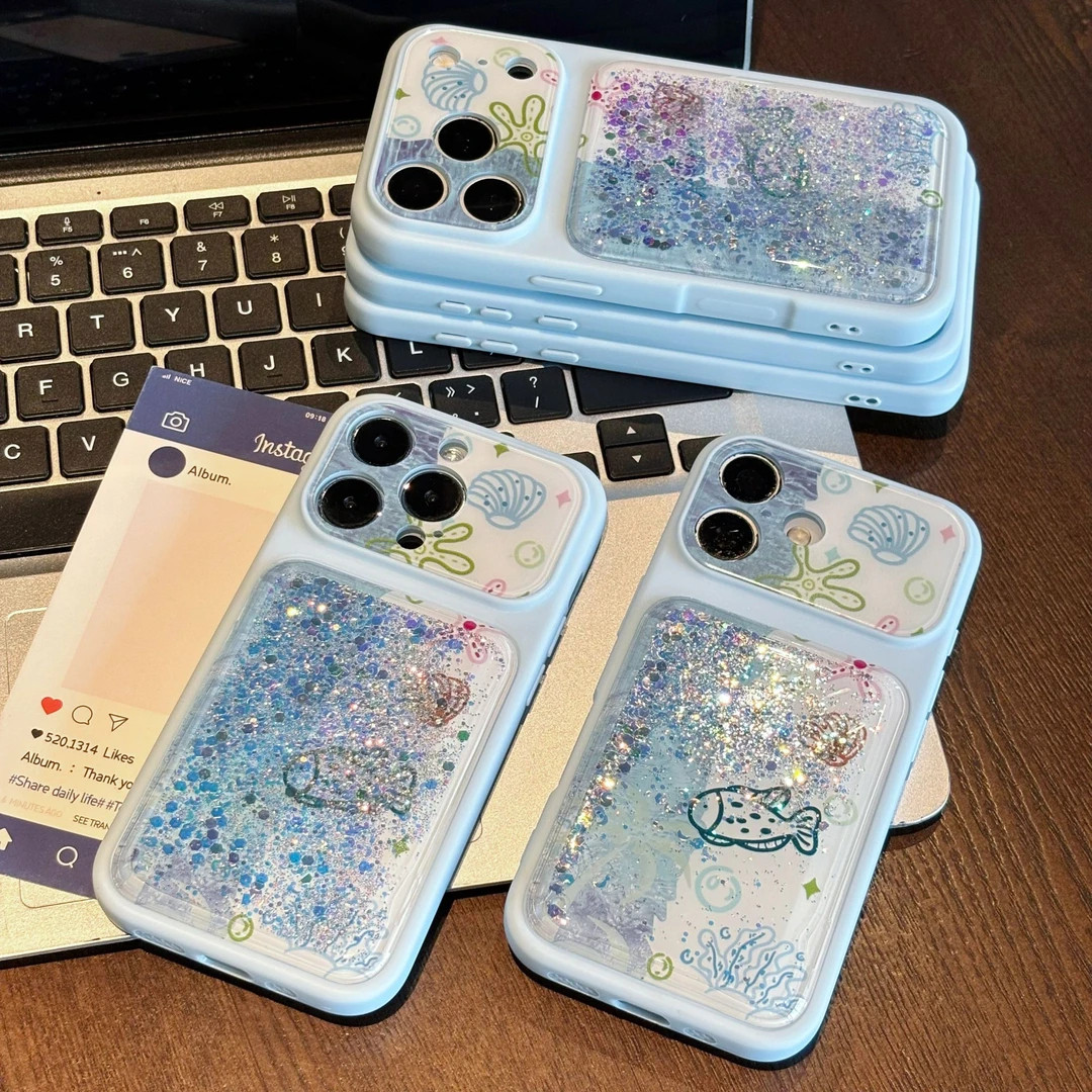 彩绘海洋闪粉流沙手机壳适用苹果17/16promax新款iPhone15/14/13pro全包透明vivo华为P90小米17oppo小众男女