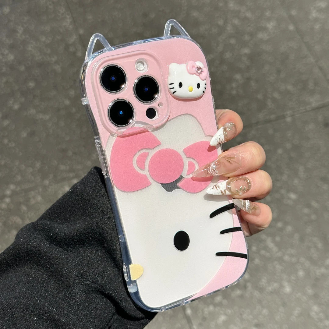 粉色半脸kt猫公仔适用苹果17promax猫耳朵手机壳iPhone16pro小众14/13pro全包透明vivo华为P70小米15oppo女款