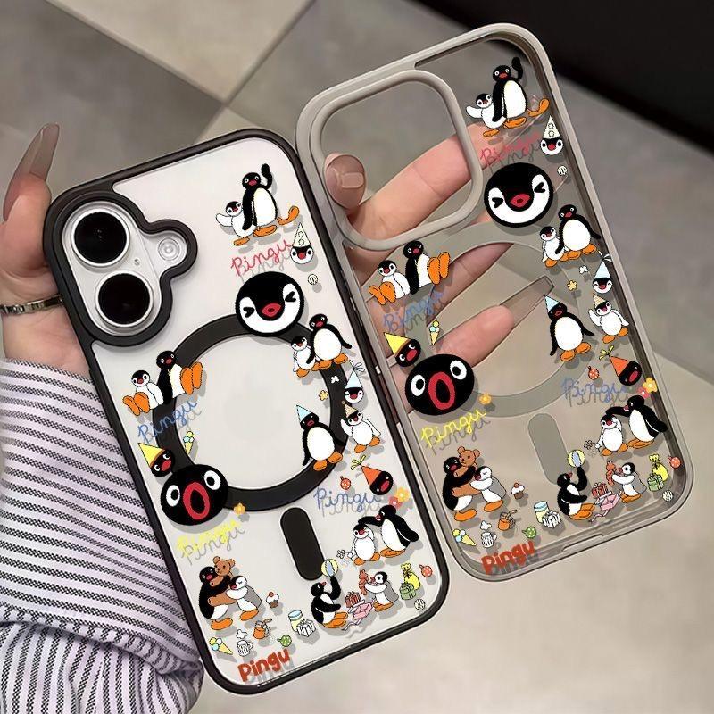 满屏pingu企鹅适用苹果17promax磁吸手机壳iPhone16新款透明壳15/14/13/12/11亚克力16/15/14plus全包防摔套