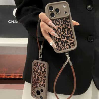 棕色豹纹挂绳适用苹果17promax高竹手机壳iPhone16pro全包15plus个性13pro华为P70vivo小米15opppo防摔保护套