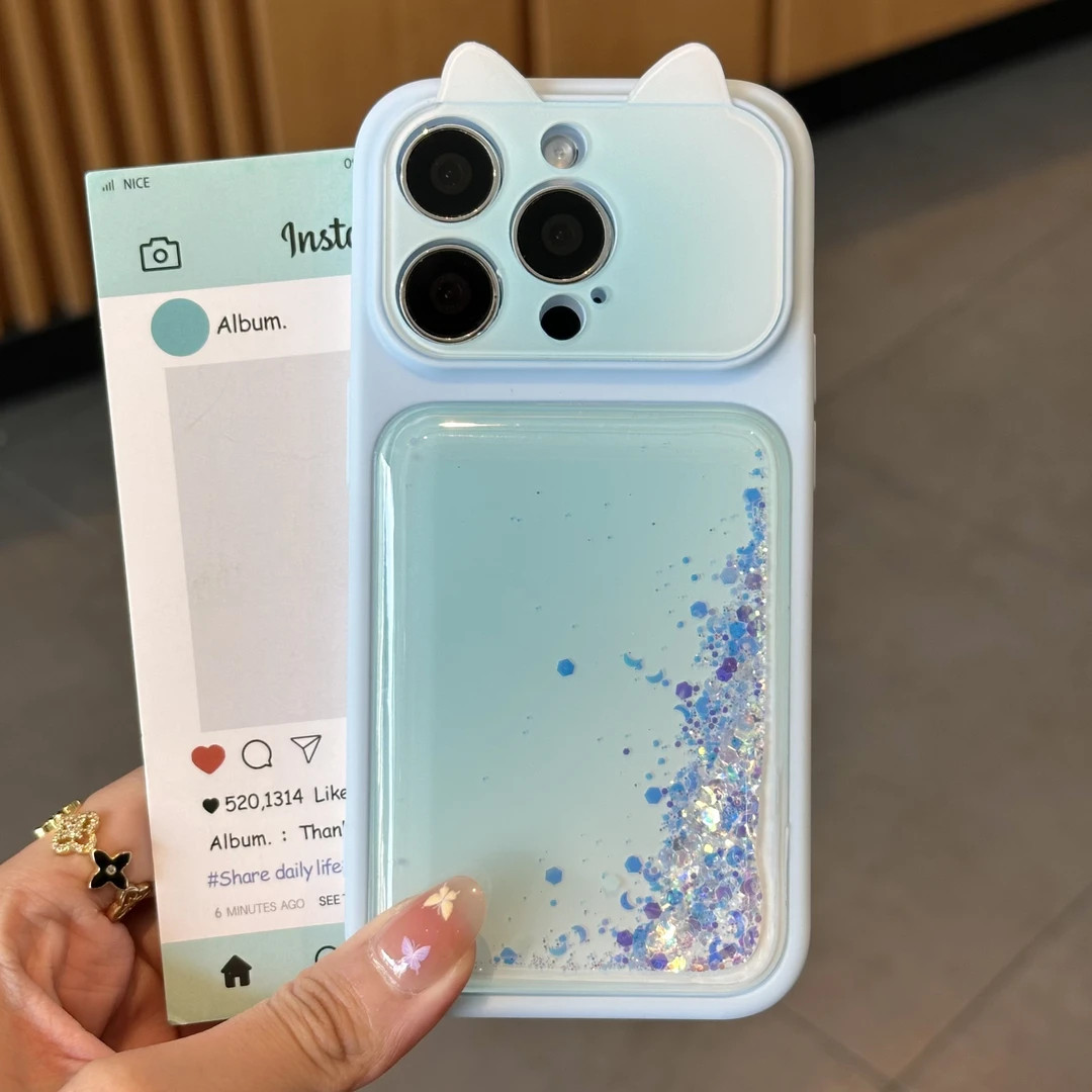 撞色晕染立体猫耳流沙手机壳适用苹果17/16promax新款iPhone15/14/13全包透明vivo华为P90小米17oppo小众男女