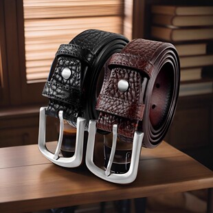 双面真皮针扣皮带男头层纯牛皮商务简约手工擦色高档牛仔裤 腰带潮