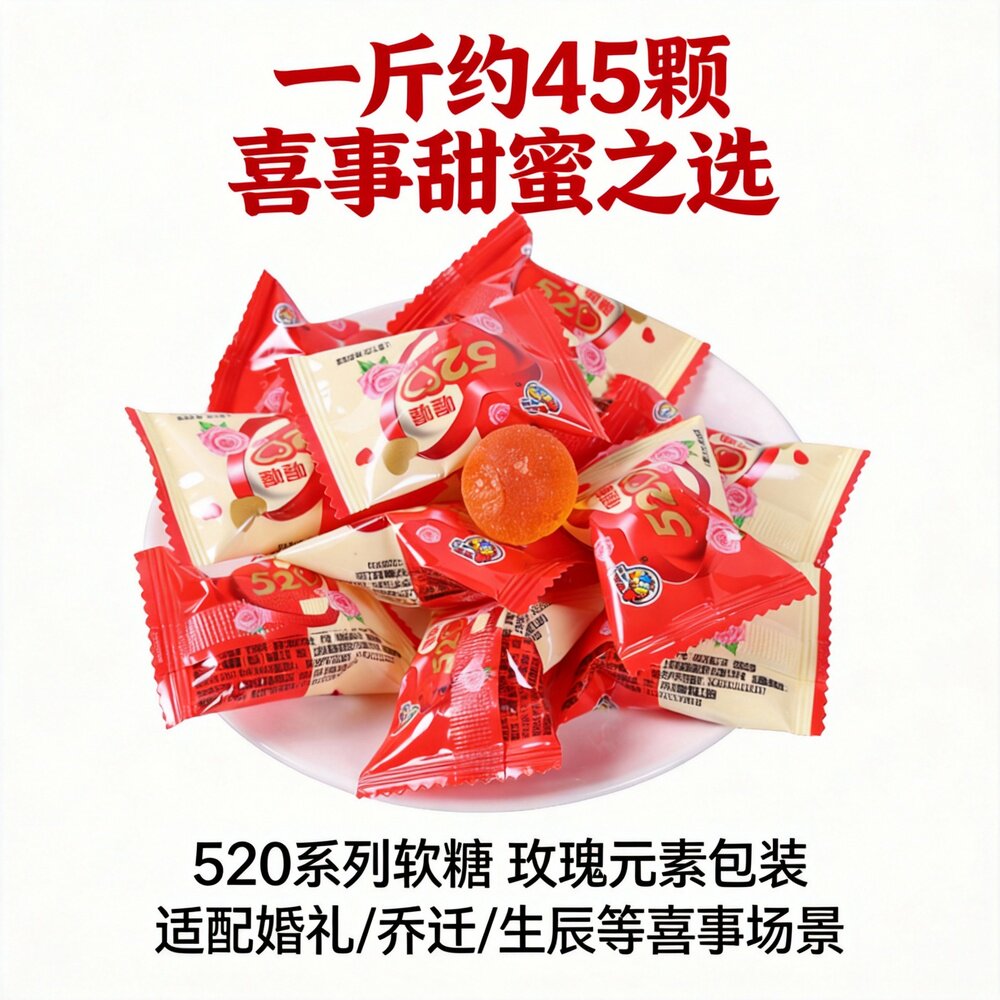 520系列软糖玫瑰花味独立包装约45颗订婚结婚专用喜糖果分享甜蜜