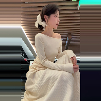 法式气质温柔风针织连衣裙子女秋冬季2025新款小个子斜肩套装长裙