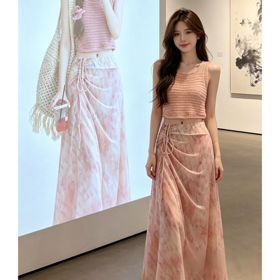2026新款夏日绝美俏皮套装裙子夏季多巴胺粉色背心半身长裙两件套