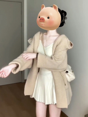 2025新款韩系慵懒风中长款毛衣外套女早秋高级感连帽针织开衫上衣