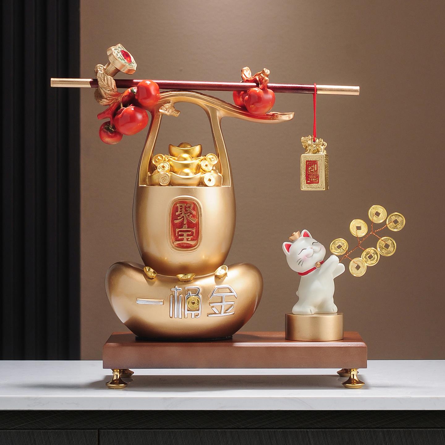 聚宝盆称心如意招财猫摆件客厅店铺收银台高档装饰品乔迁开业礼物