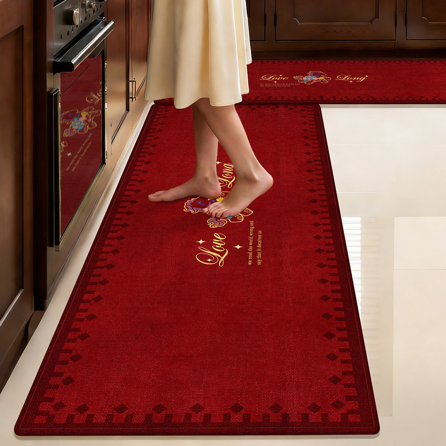 红色厨房地垫新中式耐脏防滑脚垫可定制新年防水防油污垫子好打理,居家布艺,厨房地垫,淘宝优惠券,粉丝福利购,淘宝优惠卷