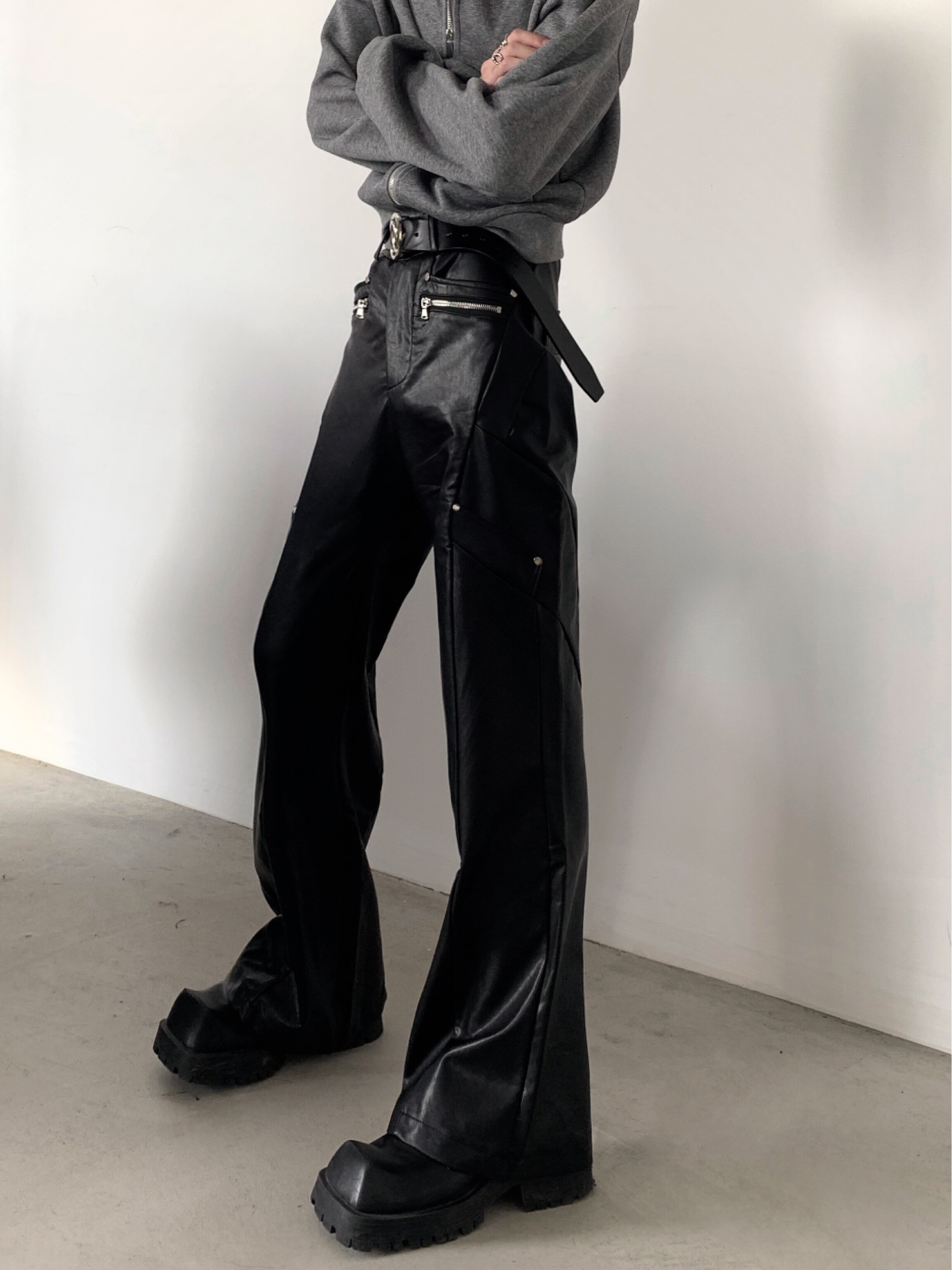 AKIYAMA STYLE|NICHE PUNK DECONSTRUCTED DESIGN SENSE BLACK LEATHER PANTS MENS HIGH-END HIGH-WAISTED STRAIGHT SLIGHTLY FLARED PANTS