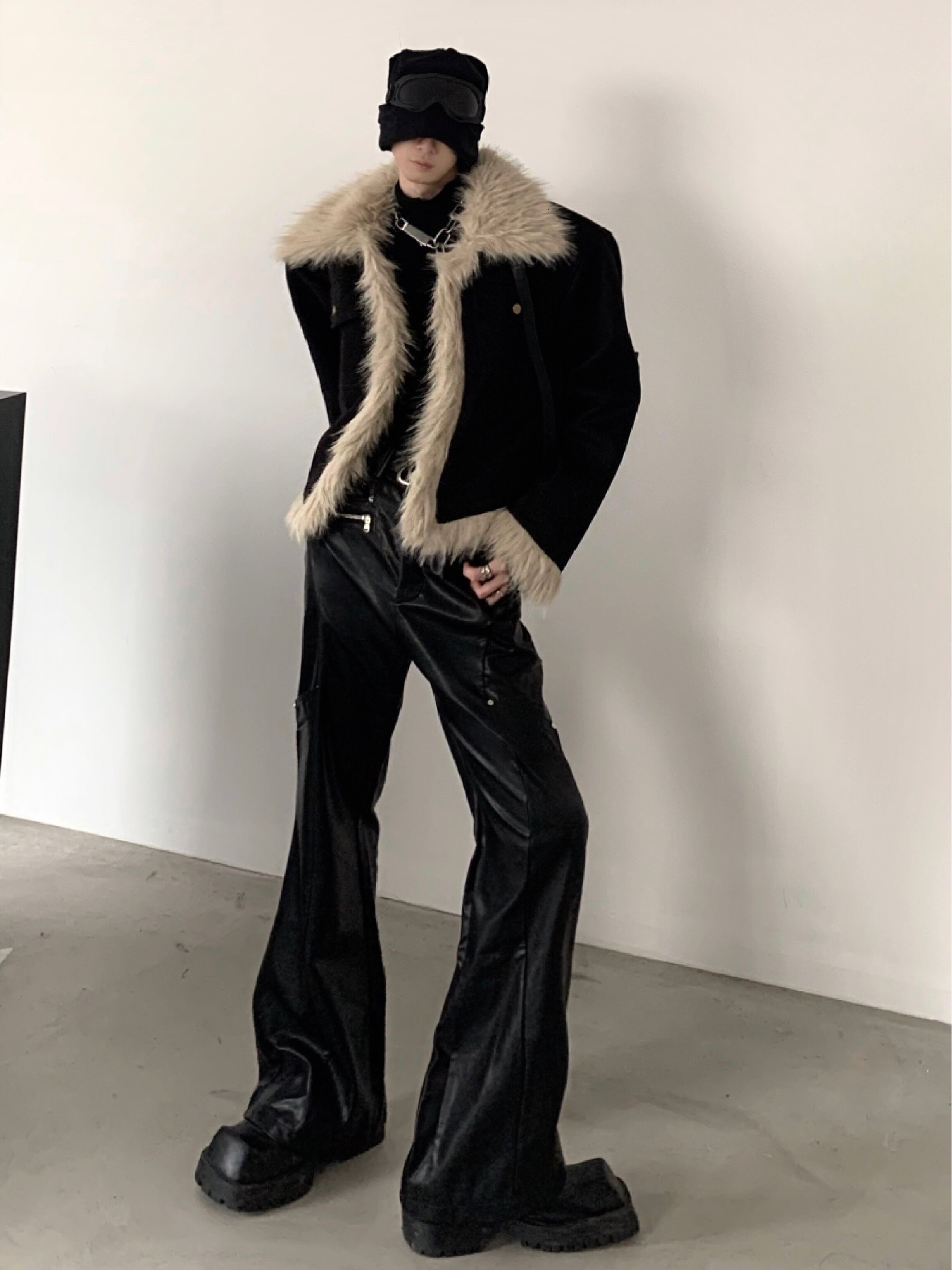 AKIYAMA STYLE|NICHE PUNK DECONSTRUCTED DESIGN SENSE BLACK LEATHER PANTS MENS HIGH-END HIGH-WAISTED STRAIGHT SLIGHTLY FLARED PANTS