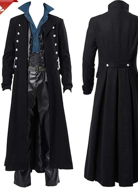 欧美复古哥特风长款风衣男万圣节cos服双排扣外套朋克休闲大衣潮