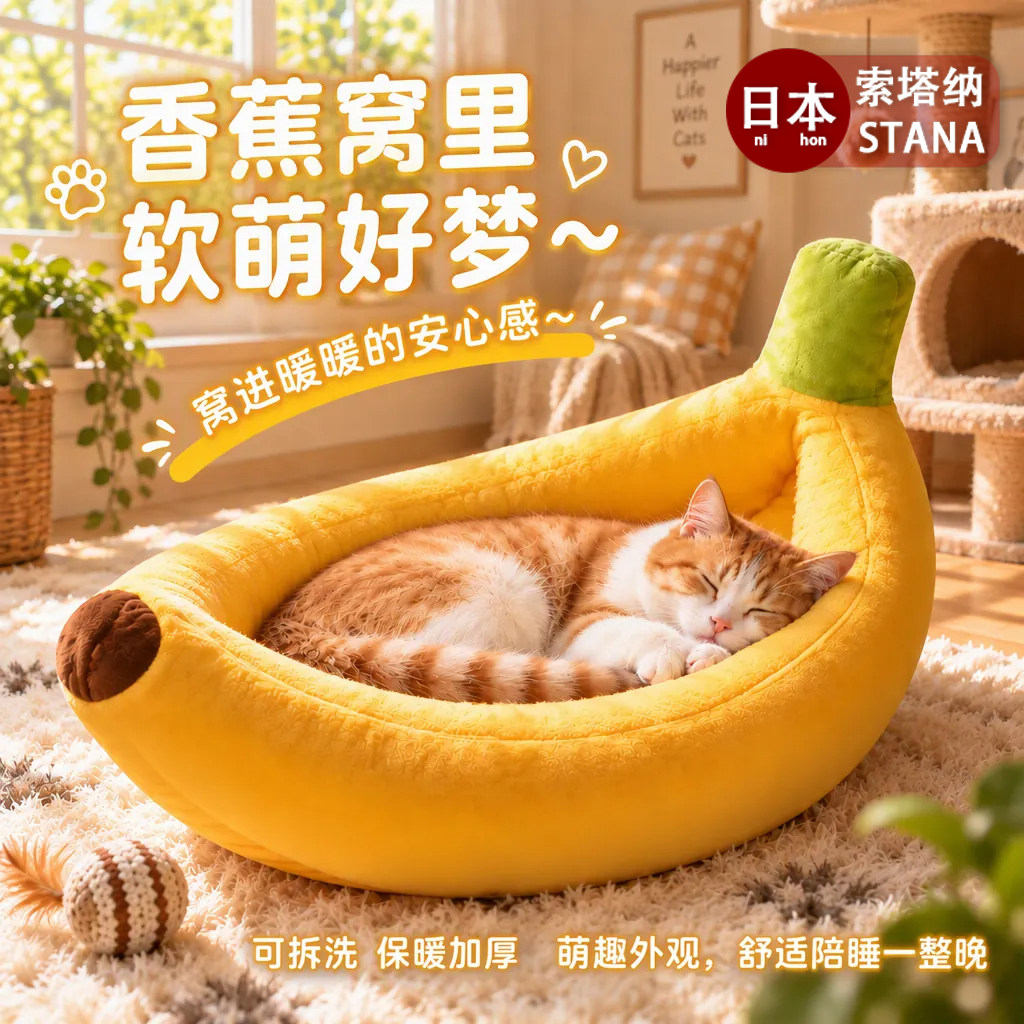 日本香蕉猫窝冬季保暖加厚短毛绒