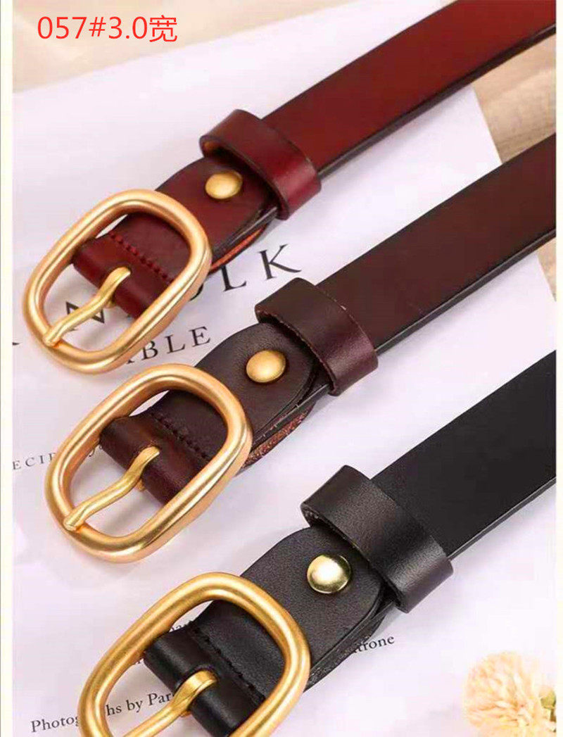 TG皮带女士头层牛皮铜针扣腰带中青年简约百搭光面057#3.0宽裤带
