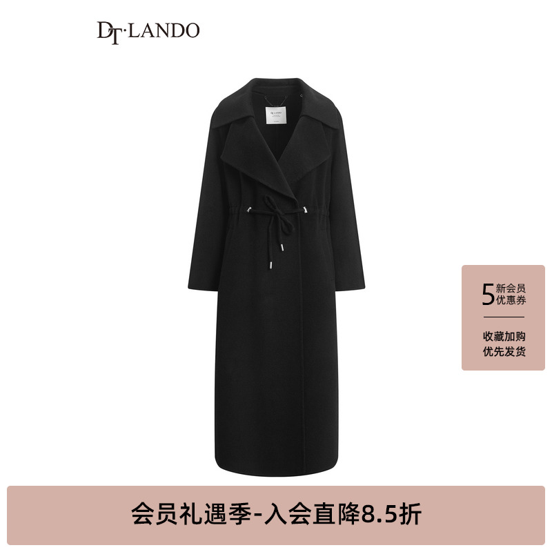 DTLANDO秋冬时尚女装优雅气质纯色大翻领系带收腰羊毛大衣外套