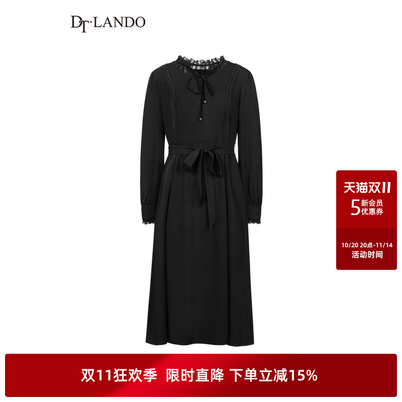 DTLANDO秋季款女装时尚显瘦木耳边系带收腰黑色长袖连衣裙