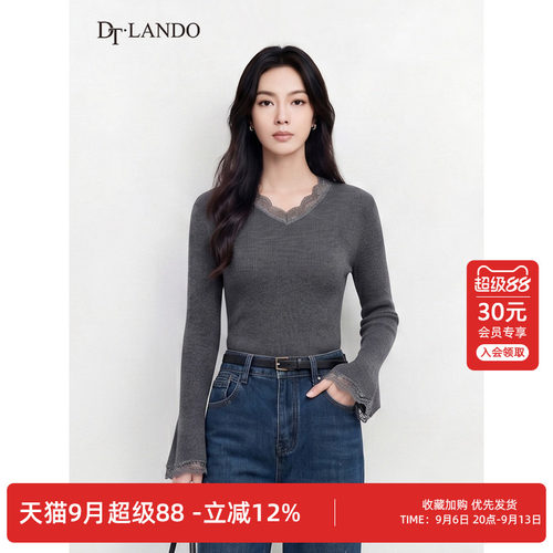 DTLANDO/商场同款秋冬款V领领口袖口蕾丝拼接设计百搭针织罩衫女