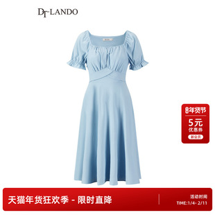 DTLANDO夏季女装清新优雅方领设计师品牌长款收腰连衣裙