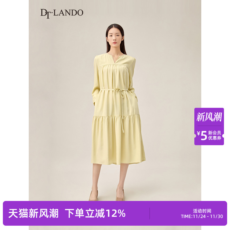 DTLANDO秋季女装复古蛋糕连衣裙法式泡泡袖中长款裙子设计师品牌