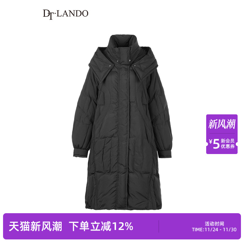 DTLANDO冬季女装时尚保暖气质黑色长款休闲百搭连帽羽绒服外套