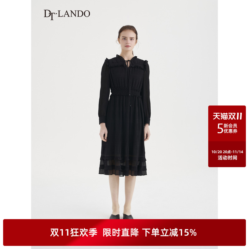 DT·LANDO秋季女装系带长袖肌理感褶皱设计高级感小黑裙连衣裙