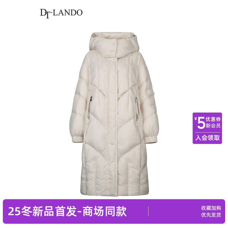 DTLANDO/商场同款25冬新品女装保暖连帽菱格绗缝过膝鹅绒服外套