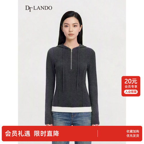 DTLANDO/商场同款秋冬季半开拉链连帽抽绳设计休闲修身针织衫女