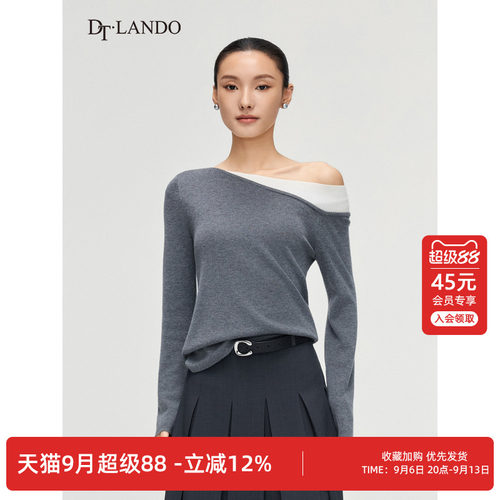DTLANDO/商场同款26春新品女装时尚露肩拼色修身品质绵羊毛针织衫