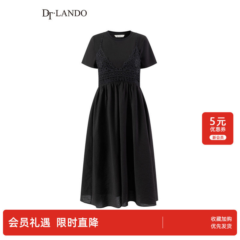 DTLANDO/商场同款26夏季新品轻熟风圆领蕾丝拼接假两件短袖连衣裙