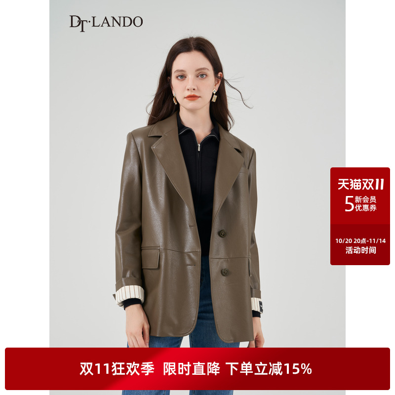 DTLANDO秋季西装外套女复古港风女装时尚潮流百搭皮质夹克外套