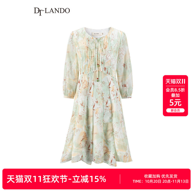 DTLANDO春秋季清新印花连衣裙七分灯笼袖收腰设计中长款碎花裙