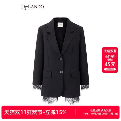 DTLANDO商场同款蕾丝拼接西装外套女 春秋季时尚中长款宽松上衣
