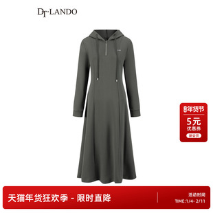 DTLAND早春上新女装深灰连帽长裙修身显瘦抽绳连衣裙子