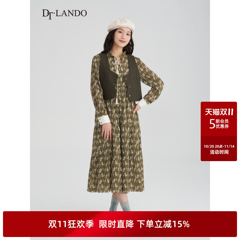 DTLANDO连衣裙复古褶皱设计抽绳