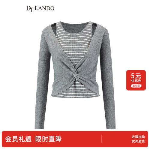 DTLANDO/春秋款灰色假两件针织衫女扭结V领条纹拼接短款修身上衣