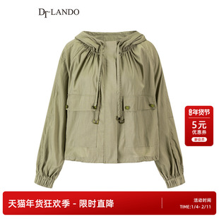 DTLANDO秋季女装绿色连帽短外套抽绳工装风品质莱赛尔夹克外套
