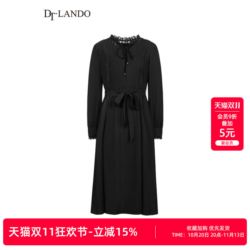 DTLANDO春秋款女装时尚显瘦木耳边系带收腰黑色长袖连衣裙
