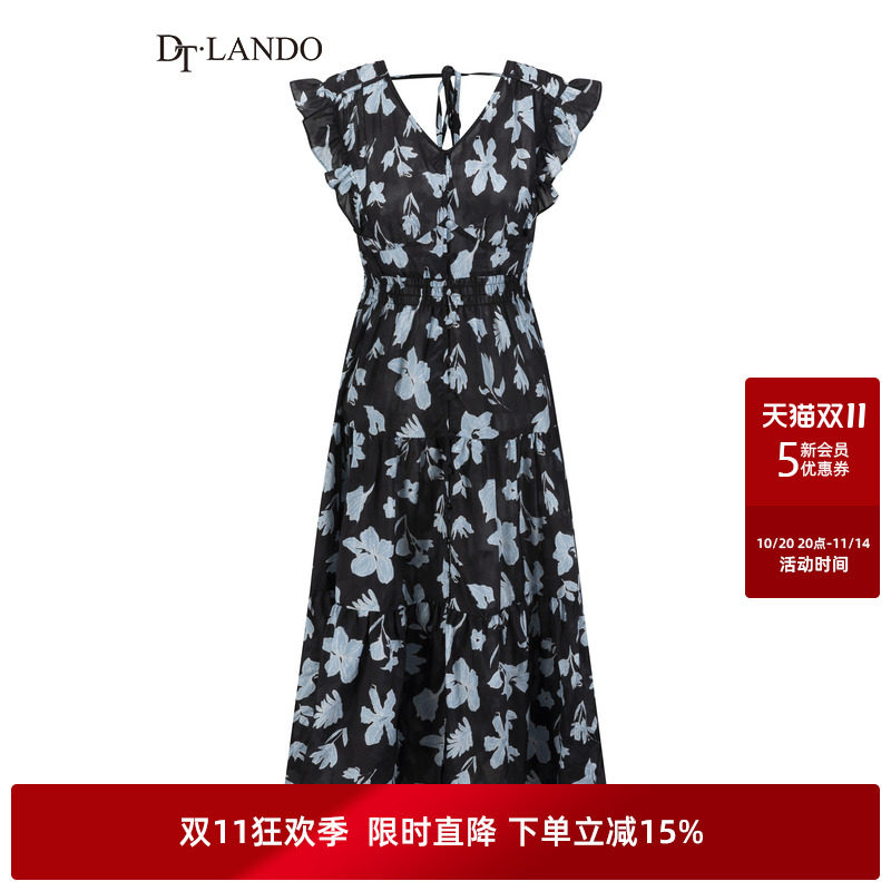 DTLANDO/商场同款25夏新品优雅复古花卉V领荷叶边无袖收腰连衣裙