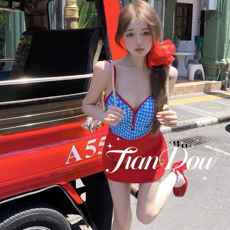 格子少女TianDou度假少女泳衣