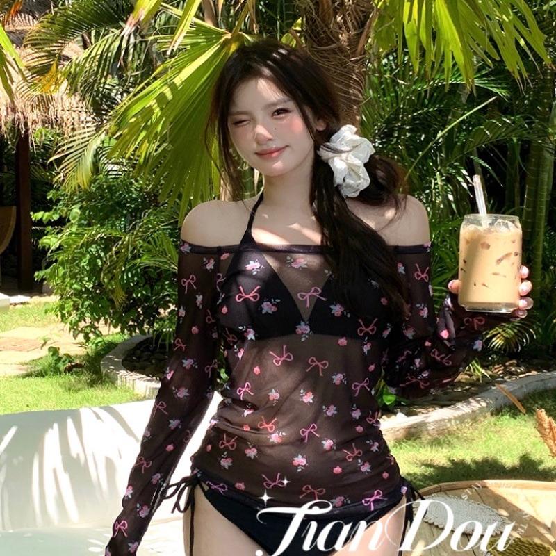 【超嗲蝴蝶结】粉色蝴蝶结可爱少女度假罩衫防晒泳衣温泉比基尼女