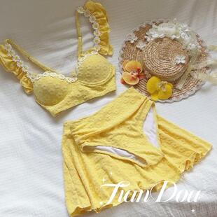 高级质感刺绣花朵度假海边分体泳衣比基尼三件套女 小雏菊分体