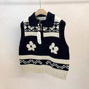 复古提花翻领拉链费尔岛毛衣马甲开衫女秋冬宽松百搭叠穿针织背心