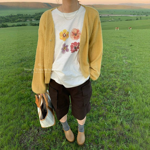 peanut花生家韩系v领慵懒风纯色针织开衫外套女早秋百搭上衣11560