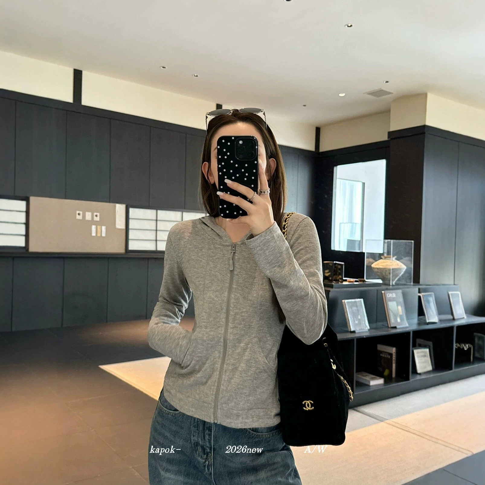 KAPOK早秋韩系慵懒风百搭修身显瘦薄款拉链连帽长袖小衫女秋26170