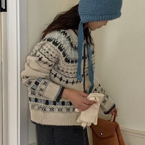 韩系复古提花费尔岛毛衣外套女秋冬新款高级感软糯厚实针织开衫潮