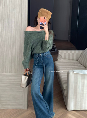 ZONA2025宽松直筒裤抽绳收腰细节牛仔筒喇裤不贴腿牛仔裤(配腰绳)
